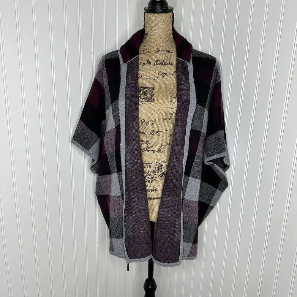 Tahari Plaid Zip Up Poncho Sweater Sz L XL Fall Stadium Game Layer Preppy Travel